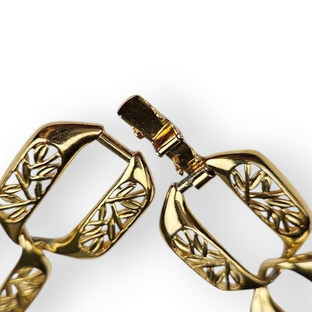 Vintage 80s Chain Necklace Floral Wide Hexagon Link Gold Plated Heavy 17.5" Long - Picture 5 of 7